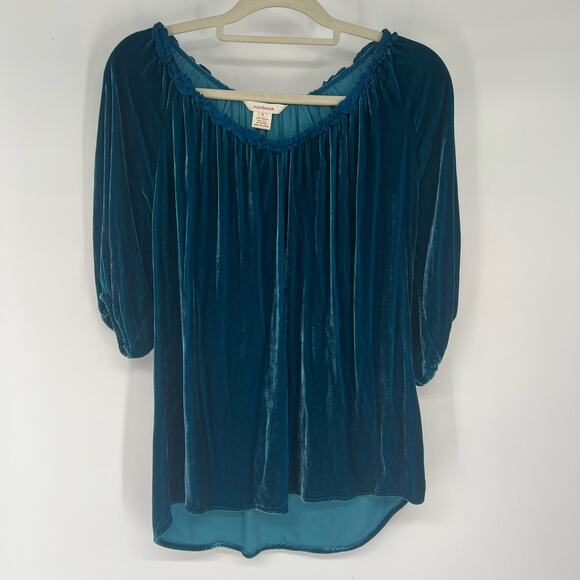 Sundance Velvet Pullover Blouse Women's Sz S Blue Silk Blend Ruffle Neck Relaxed - Picture 1 of 6